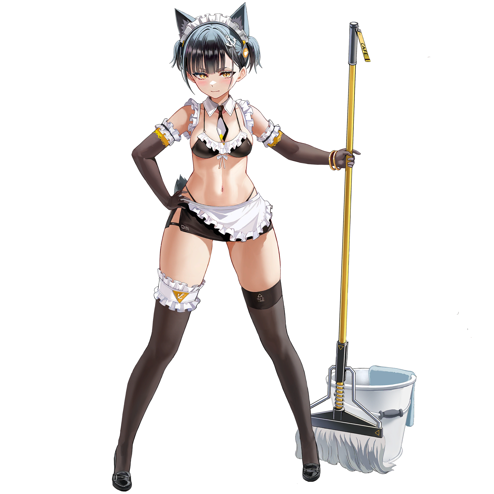 1girl anchor_hair_ornament animal_ear_fluff animal_ears apron asymmetrical_legwear bikini black_bikini black_footwear black_hair black_necktie black_skirt blush bracelet brown_gloves brown_thighhighs bucket closed_mouth collar detached_collar dog_ears dog_girl dog_tail elbow_gloves english_text fang frilled_apron frilled_bikini frilled_gloves frilled_thighhighs frills full_body game_cg gloves hair_ornament hand_on_own_hip high_heels highres holding holding_mop jewelry last_origin legs_apart linea_alba looking_at_viewer maid maid_apron maid_bikini maid_headdress miniskirt mop multicolored_necktie navel necktie o-ring o-ring_top official_alternate_costume official_art pencil_skirt pumps ribbon short_apron short_hair short_necktie short_tail short_twintails side_slit simple_background skirt slit_pupils smile solo standing string_bikini swimsuit tachi-e taesi tag tail thick_eyebrows thighhighs third-party_source towel transparent_background twintails unconventional_maid vargr_(last_origin) white_apron white_collar white_necktie white_ribbon yellow_eyes yellow_necktie