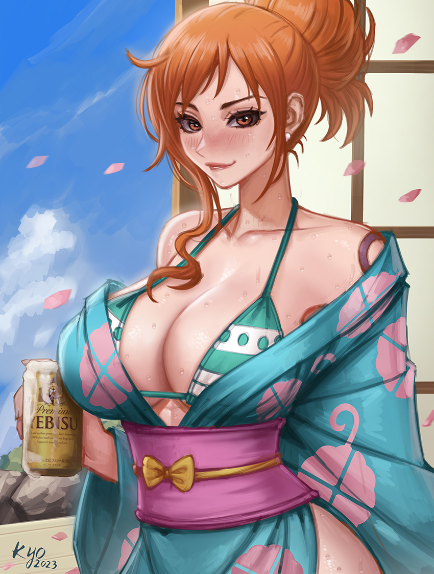 1girl 2023 alternate_costume arm_tattoo bare_shoulders beer_can bikini bikini_top_only blue_kimono blue_sky blush breasts brown_eyes can collarbone drink_can earrings falling_petals foam green_bikini japanese_clothes jewelry kimono kyopink large_breasts lips nami_(one_piece) nami_(one_piece)_(wano) obi off_shoulder one_piece orange_hair pearl_earrings petals sash sky solo swimsuit tattoo upper_body window yebisu