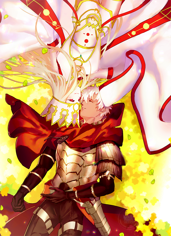 1boy 1girl armor black_gloves blonde_hair breastplate breasts capelet closed_eyes commentary_request crown dark-skinned_male dark_skin detached_sleeves dress_of_heaven elbow_gloves emiya_kiritsugu emiya_kiritsugu_(assassin) fate/grand_order fate_(series) flower_bed gloves holster irisviel_von_einzbern irisviel_von_einzbern_(caster) kouya_(kyk428) large_breasts lying miniskirt on_back red_capelet red_eyes rotational_symmetry skirt smile white_hair