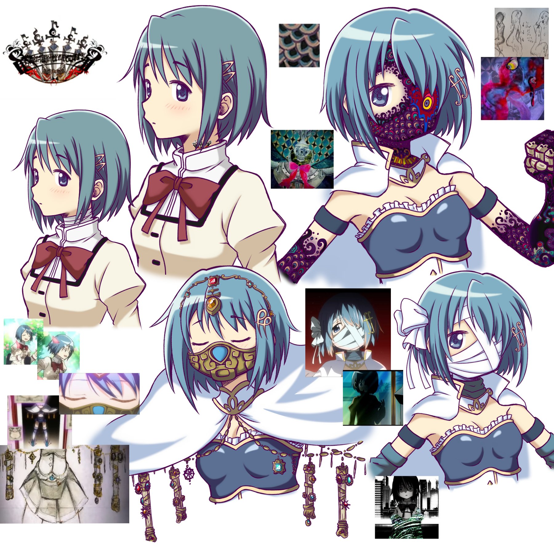 1girl blue_hair bow bowtie fortissimo hair_ornament highres kuro_ink magical_girl mahou_shoujo_madoka_magica mahou_shoujo_madoka_magica:_walpurgis_no_kaiten mask miki_sayaka miki_sayaka_(magical_girl) mitakihara_school_uniform multiple_views musical_note musical_note_hair_ornament oktavia_von_seckendorff red_bow red_bowtie school_uniform short_hair transformation witch_(madoka_magica) wrapping