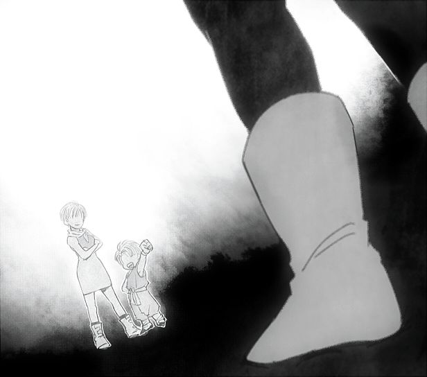 1girl 2boys :d arm_up black_background boots bulma crossed_arms dougi dragon_ball dragon_ball_z dragon_ball_z_kami_to_kami dragonball_z dress dutch_angle father_and_son full_body gradient_background grey_background greyscale happy head_out_of_frame height_difference monochrome mother_and_son multiple_boys neckerchief no_eyes open_mouth ousamasuteki out_of_frame short_hair simple_background sleeveless sleeveless_dress smile standing trunks_(dragon_ball) vegeta white_background