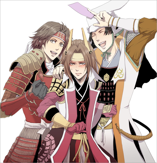 armor black_hair brown_hair helmet ishida_mitsnari japanese_clothes kimono lev. male_focus naoe_kanetsugu sanada_yukimura_(sengoku_musou) sengoku_musou