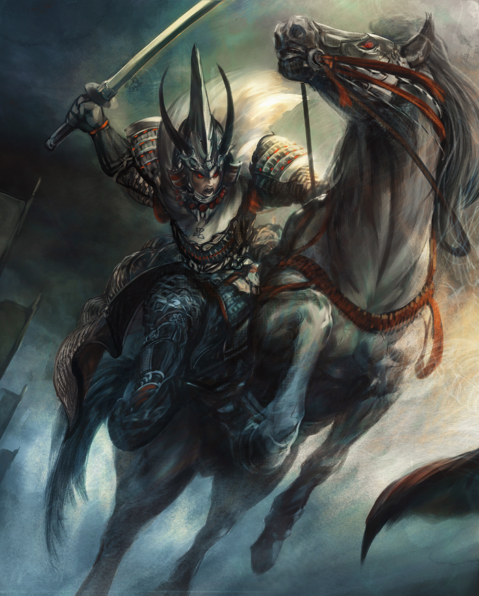 1boy armor full_armor hayaken_sarena helmet horse male_focus open_mouth red_eyes samurai sengoku_taisen shoulder_pads solo sword uesugi_kenshin weapon