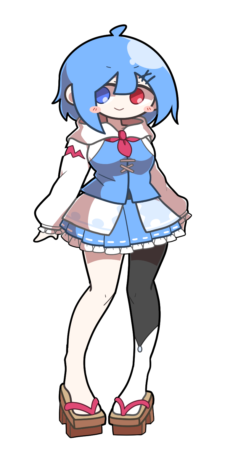 1girl adapted_costume baek_ban blue_eyes blue_jacket blue_skirt blush_stickers breasts closed_mouth commentary frilled_skirt frilled_sleeves frills full_body geta hair_ornament hairclip heterochromia highres hood hood_down hooded_jacket jacket lace lace-trimmed_skirt lace_trim long_sleeves medium_breasts medium_hair miniskirt pleated_skirt raglan_sleeves red_eyes simple_background single_leg_pantyhose skirt smile solo tachi-e tatara_kogasa touhou v-shaped_eyebrows white_background x_hair_ornament