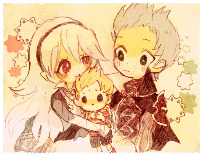 1girl 2boys black_hairband blonde_hair female_corrin_(fire_emblem) fire_emblem fire_emblem_fates grey_hair hairband hug kappaman looking_at_another lucas_(mother_3) mother_(series) mother_3 multiple_boys nintendo red_eyes silas_(fire_emblem) white_hair