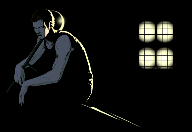 1boy east_blue exb gin_(one_piece) looking_at_viewer male_focus one_piece sitting solo tank_top tonfa weapon