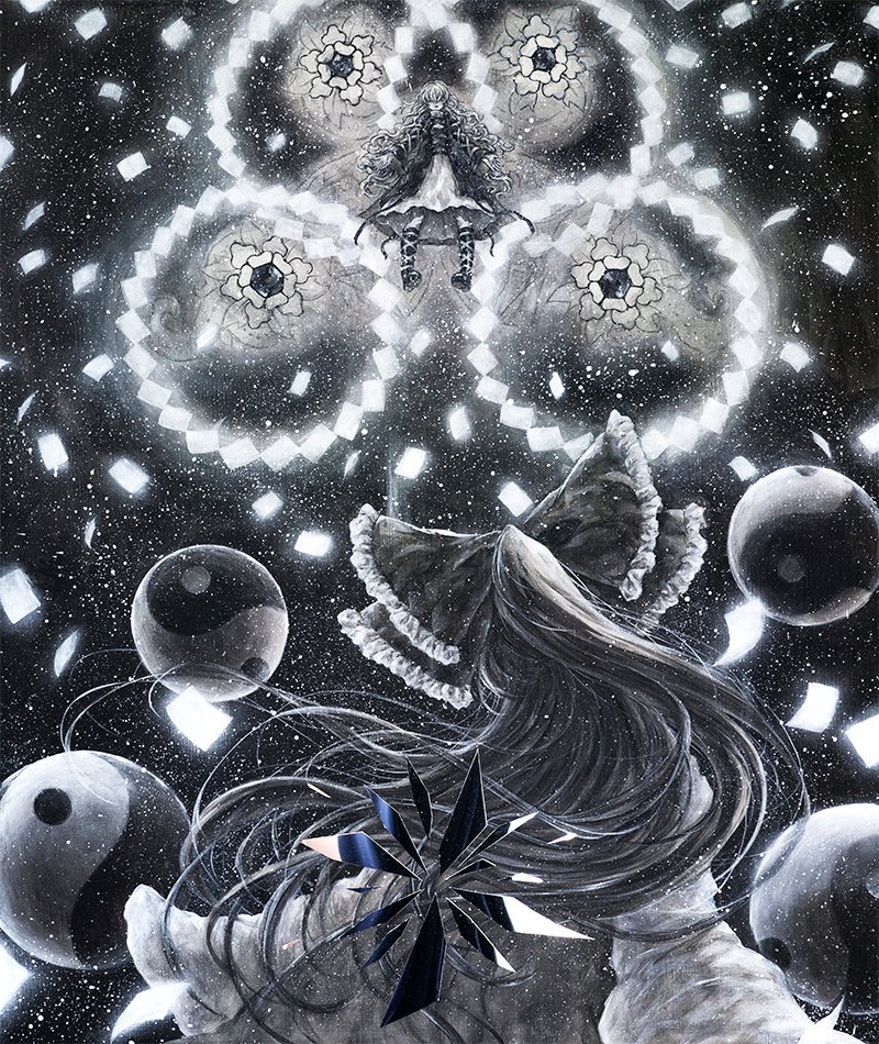 2girls black_dress boots bow brown_hair commentary danmaku dress english_commentary fighting frilled_bow frills hair_bow hakurei_reimu hijiri_byakuren ikeda_ruriko knee_boots long_hair multiple_girls open_mouth orb smile touhou traditional_media very_long_hair yin_yang yin_yang_orb