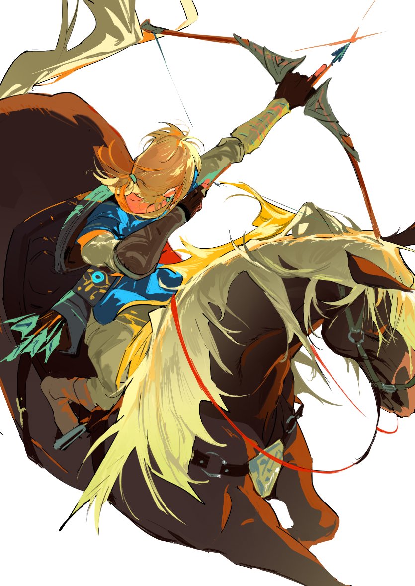 1boy archery atie1225 blonde_hair blue_tunic boots bow_(weapon) brown_footwear drawing_bow earrings facing_away fingerless_gloves gloves grey_pants holding holding_bow_(weapon) holding_weapon horse horseback_archery horseback_riding jewelry link long_hair nintendo outstretched_arms pants pointy_ears ponytail quiver riding the_legend_of_zelda the_legend_of_zelda:_breath_of_the_wild tunic weapon