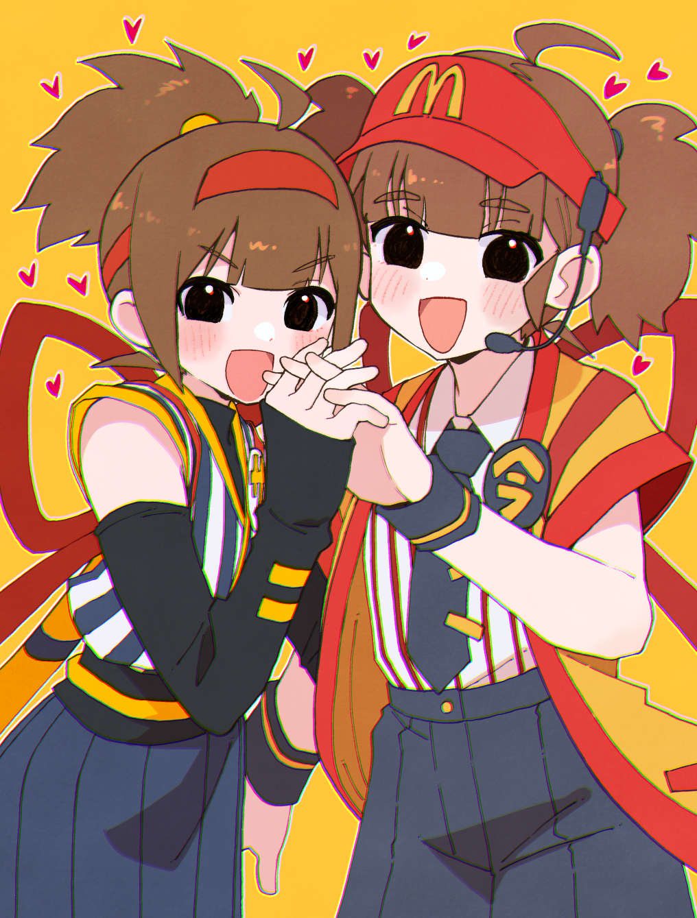 2girls ahoge back_bow badge black_eyes black_gloves blue_necktie blue_shirt blue_shorts blue_skirt bow brown_hair button_badge commentary dress_shirt elbow_gloves employee_uniform fast_food_uniform gloves hair_tie hairband hakama hakama_skirt half_gloves hat headset heart highres holding_hands imadake_dabuchi_tabemi interlocked_fingers japanese_clothes kanashimiojisan mcdonald&#039;s multiple_girls necktie open_mouth ponytail red_hairband red_hat red_shirt samurai_tamago_tabemi shirt short_hair shorts skirt sleeveless sleeveless_shirt smile striped_clothes striped_shirt tasuki twintails vertical-striped_clothes vertical-striped_shirt visor_cap white_shirt wing_collar wristband yellow_background yellow_happi
