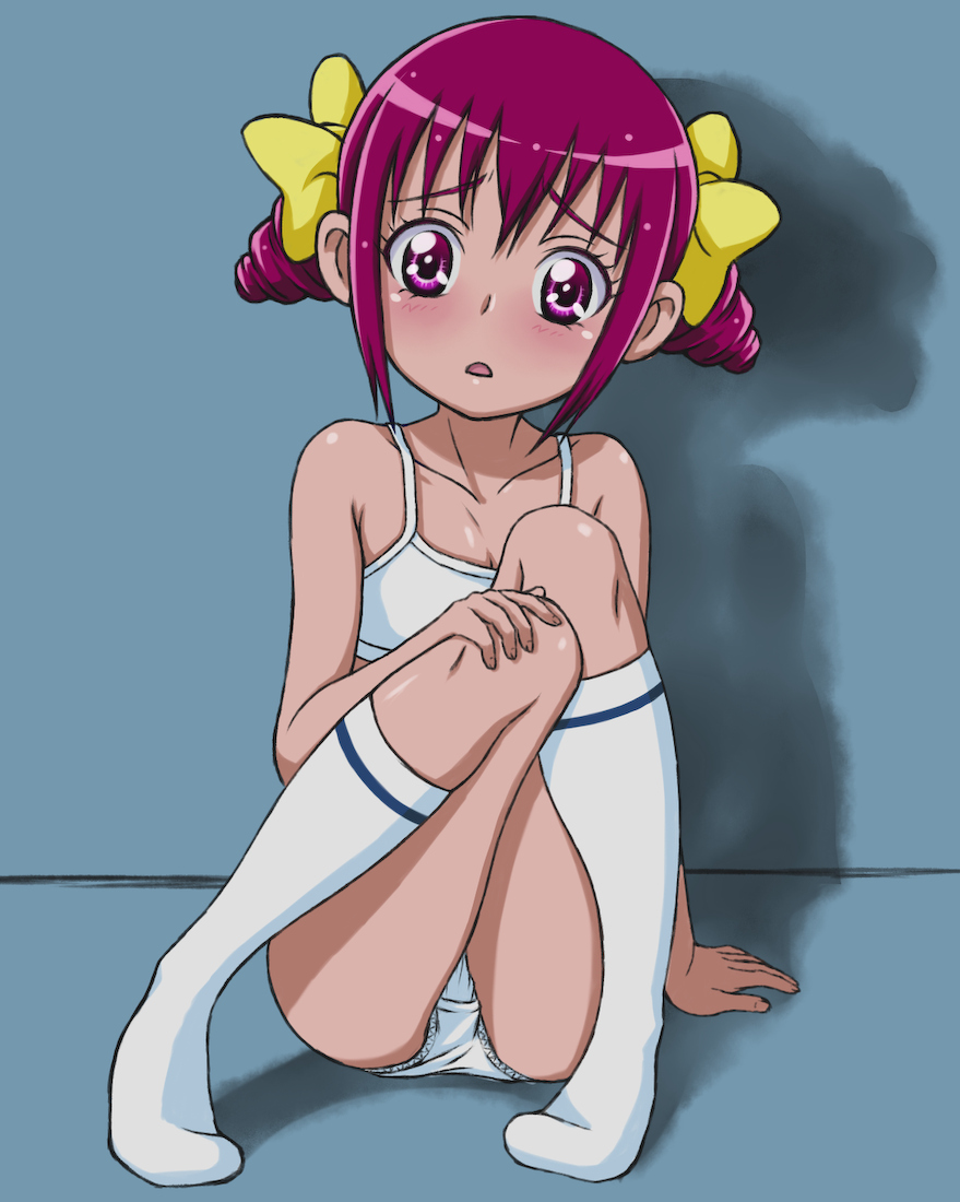 bare_shoulders bow bra breasts collarbone commentary drill_hair hair_bow hand_on_ground hand_on_leg hoshizora_miyuki kneehighs looking_at_viewer mitamura-kun_(landcell) on_ground panties parted_lips pink_eyes pink_hair precure shadow small_breasts smile_precure! socks underwear white_bra white_panties white_socks yellow_bow