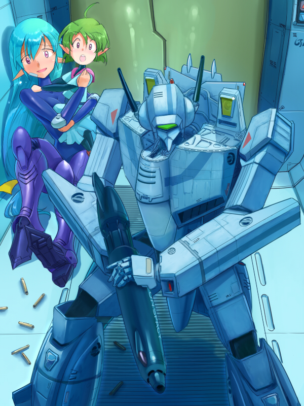 1boy 2girls ahoge alien armor blue_hair carrying commentary_request dress energy_gun family giant giantess green_hair gunpod hallway inui&#039;s_meltran inui_(jt1116) maclone macross mecha meltrandi multiple_girls pointy_ears purple_eyes robot science_fiction shell_casing sitting spacecraft_interior spacesuit variable_fighter vf-1 vf-1j weapon zentlardy_alphabet zentradi