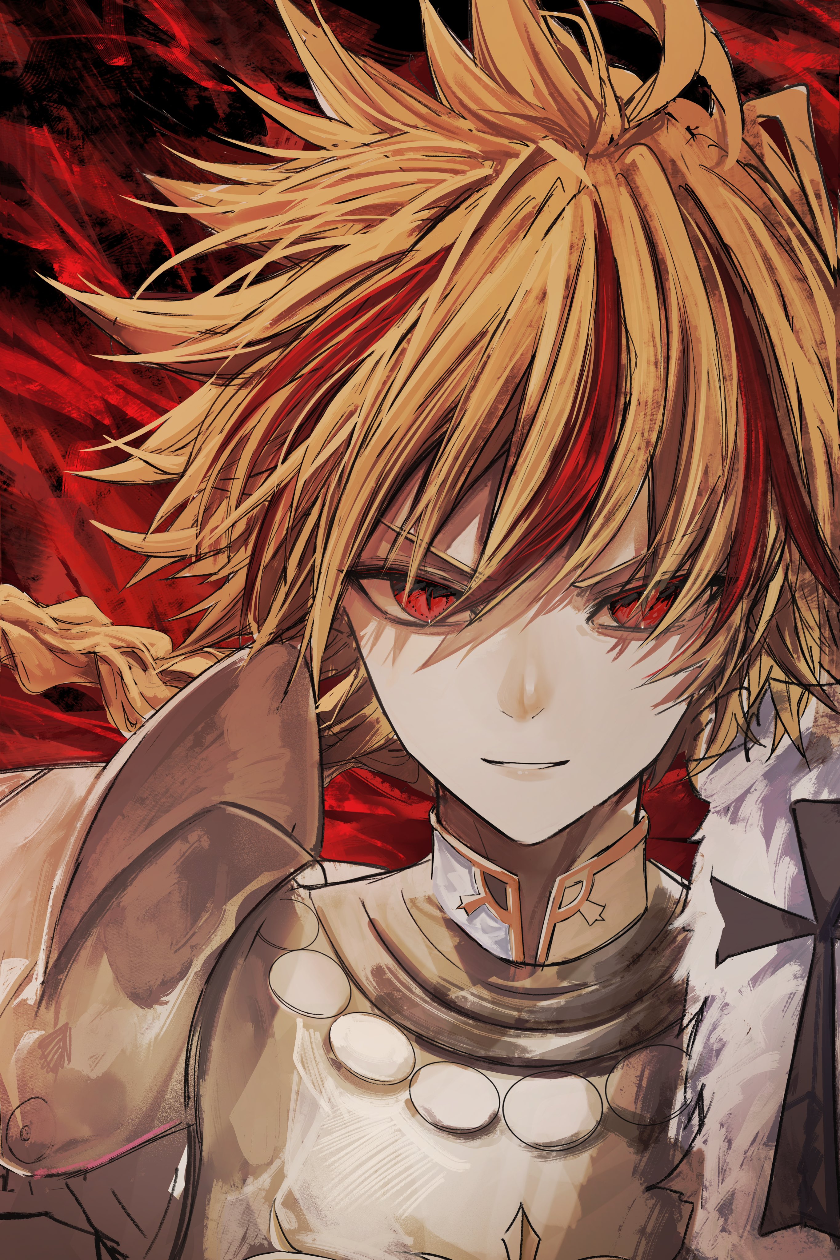 1boy absurdres armor blonde_hair braid braided_ponytail fate/grand_order fate/strange_fake fate_(series) highres long_hair looking_at_viewer male_focus multicolored_hair parted_lips pauldrons red_background red_eyes red_hair richard_i_(fate) shoulder_armor single_braid smile streaked_hair upper_body yagi_(yagi5art)