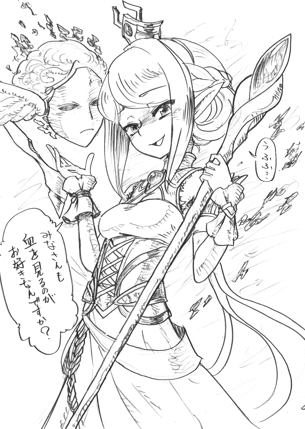 alice_(wizardry) bare_shoulders braid breasts corset crown_braid detached_sleeves dress elf floating_head hand_drawn hat head_wings highres japanese_text medium_breasts mitre pointy_ears sketch traditional_media translation_request wings wizardry wizardry_variants_daphne