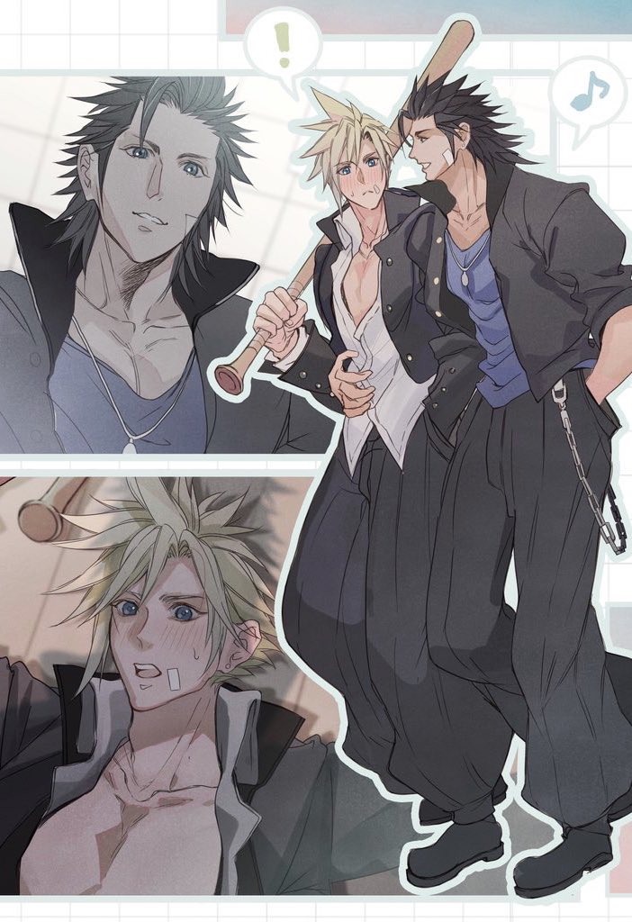 ! 2b_fff 2boys arm_around_waist bandaid bandaid_on_cheek bandaid_on_face baseball_bat black_boots black_hair black_jacket black_pants blonde_hair blue_eyes blue_shirt blush boots cloud_strife_(midgard_seventh_high_school) collared_shirt delinquent earrings final_fantasy final_fantasy_vii final_fantasy_vii_ever_crisis gakuran hair_between_eyes hair_slicked_back hand_in_pocket holding holding_baseball_bat jacket jewelry male_focus medium_hair multiple_boys official_alternate_costume over_shoulder pants parted_lips school_uniform shirt short_hair sideburns single_earring smile spiked_hair spoken_exclamation_mark sweatdrop weapon weapon_over_shoulder white_shirt yaoi zack_fair_(midgard_seventh_high_school)