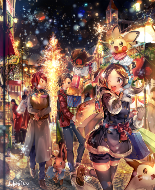 1girl 2boys :d bag black_hair black_thighhighs blue_coat blue_pants blue_shorts box brown_eyes brown_footwear brown_gloves brown_hair christmas coat eevee ethan_(pokemon) eye_contact floating_hair furret gen_1_pokemon gen_2_pokemon gift gift_box gloves grey_coat holding holding_bag index_finger_raised leg_up lens_flare looking_at_another lyra_(pokemon) multiple_boys naru_(andante) night nintendo noctowl open_mouth outdoors pants parted_bangs pichu pokemon pokemon_(creature) pokemon_hgss red_hair red_sweater running short_shorts shorts silver_(pokemon) smile snowing sweater teddiursa thighhighs twintails zettai_ryouiki
