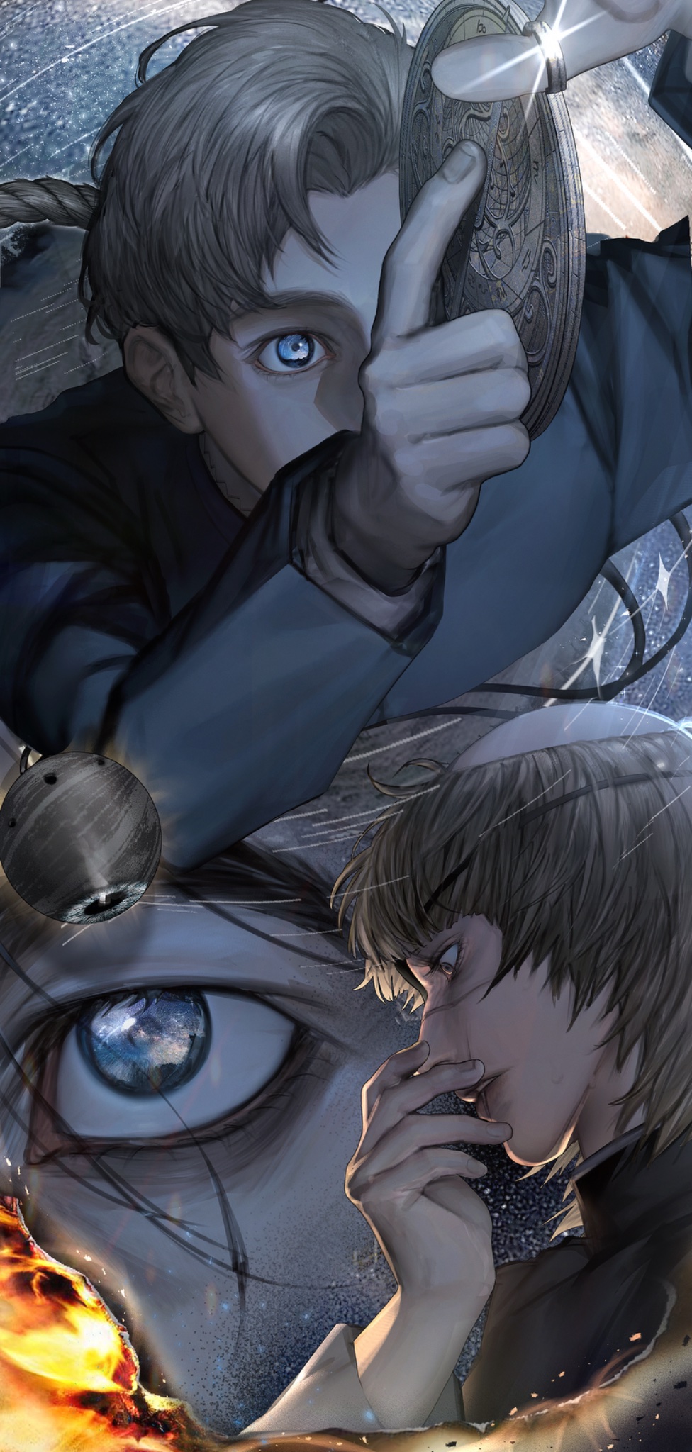 3boys astrolabe badeni blonde_hair blue_eyes chi.:_chikyuu_no_undou_ni_tsuite denpyu_shi eye_reflection eyepatch fire hand_on_own_face highres jacket jewelry long_sleeves male_focus medium_hair multiple_boys necklace oczy profile rafal_(chi.) reflection scar scar_on_face scar_on_lip scar_on_mouth scar_on_nose short_hair star_(sky) tonsure