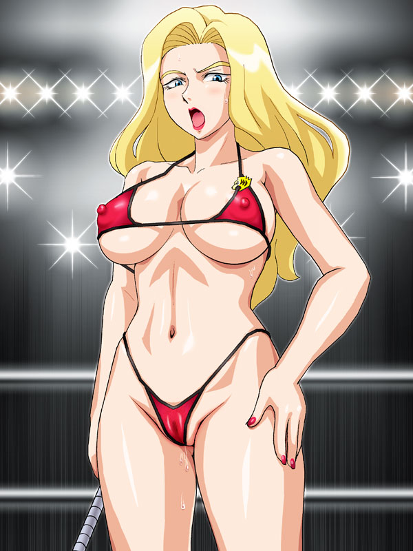 10s 1girl bikini blonde_hair blue_eyes breasts cleavage cleft_of_venus female_focus genka_ichien large_breasts lipstick long_hair makeup miss_x_(tiger_mask) nail_polish open_mouth solo standing swimsuit tiger_mask_(series) tiger_mask_w