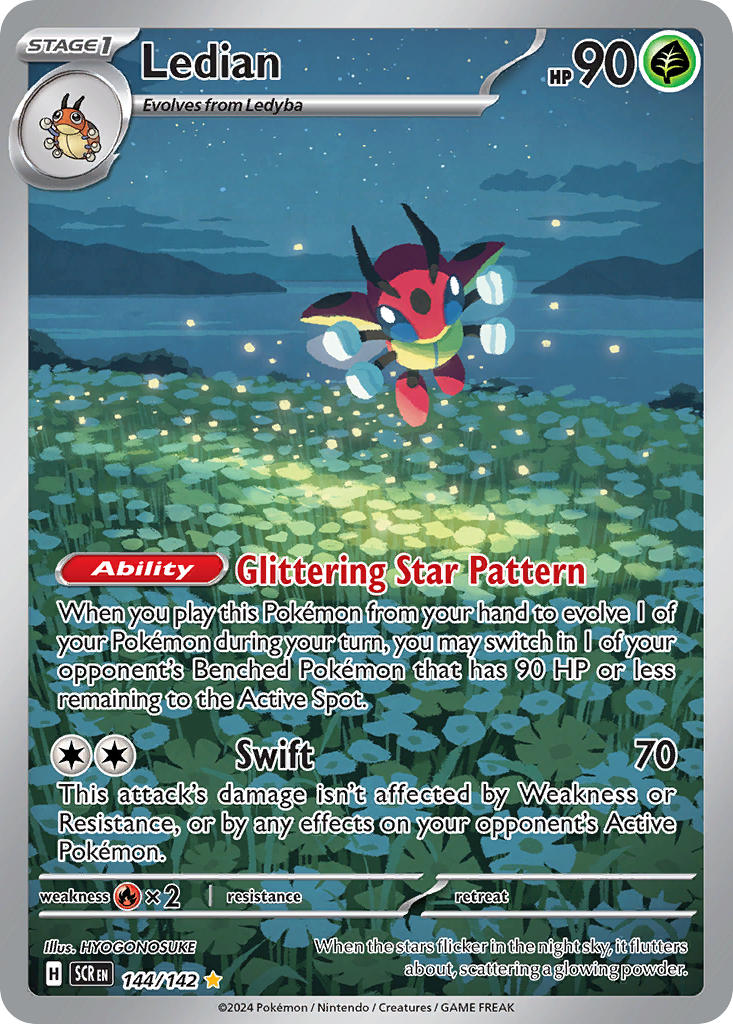 antennae artist_name blue_eyes card_(medium) character_name cloud company_name copyright_name copyright_notice english_text extra_arms flower flying gen_2_pokemon hyogonosuke ledian ledyba night nintendo no_humans official_art plant pokemon pokemon_(creature) pokemon_card pokemon_focus pokemon_tcg star_(sky) third-party_source trading_card