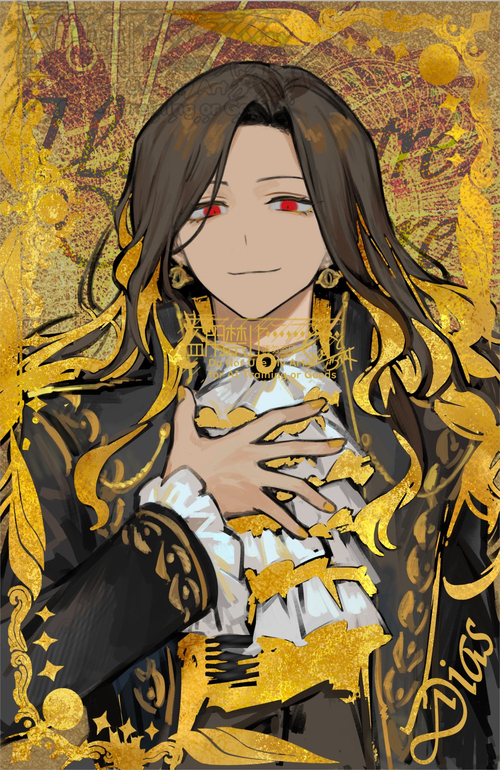 1girl ascot black_coat blonde_hair brown_hair closed_mouth coat colored_inner_hair commentary_request dias_(the_distortion_detective) earrings frilled_sleeves frills gold gold_trim hand_up highres jewelry long_hair multicolored_hair nishikujic parted_bangs project_moon red_eyes smile solo the_distortion_detective very_long_hair white_ascot