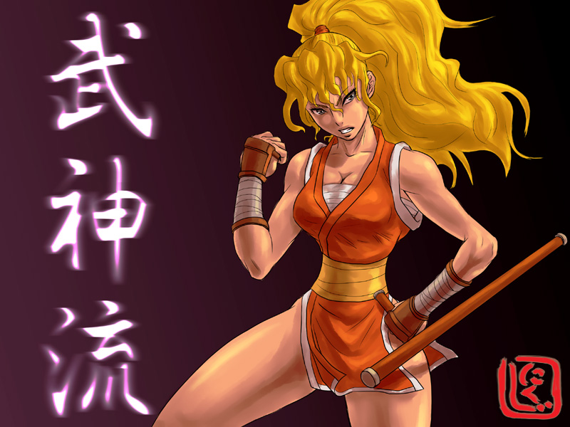 1girl armor bandages bare_shoulders blonde_hair blue_eyes breasts capcom cleavage female_focus final_fight genryuusai_maki hand_on_own_hip high_ponytail japanese_armor kote long_hair narrow_waist nikuji-kun ninja pelvic_curtain ponytail sarashi sash solo tonfa weapon
