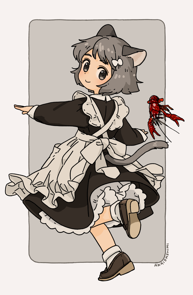 1girl akai_sashimi animal_ears apron black_dress border brown_shoes cat_ears cat_girl cat_tail commentary_request crayfish dress from_behind full_body grey_background grey_eyes grey_hair highres leg_up lobster maid maid_apron original outside_border outstretched_arms shoes short_hair signature simple_background smile socks solo spread_arms standing tail white_border