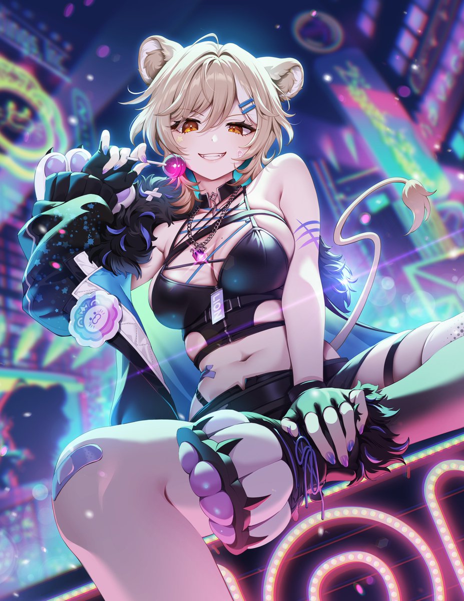 1girl ahoge animal_ears bandaid bandaid_on_knee bandaid_on_leg bare_shoulders black_gloves black_shirt black_shorts blonde_hair blurry blurry_background boots breasts candy cityscape cleavage cowboy_shot english_text evil_grin evil_smile fangs fingerless_gloves food from_below fur-trimmed_jacket fur_trim gloves gomashio_ponz grin hazumi_aileen highres holding holding_candy holding_food holding_lollipop indie_virtual_youtuber jacket jewelry light_particles lion_ears lion_girl lion_tail lollipop looking_at_viewer medium_breasts medium_hair midriff mole mole_on_breast navel necklace neon_lights night off_shoulder open_clothes open_jacket orange_eyes outdoors pink_gemstone pink_nails purple_nails second-party_source shirt short_shorts shorts skindentation sleeveless sleeveless_shirt smile solo tail tattoo teeth virtual_youtuber