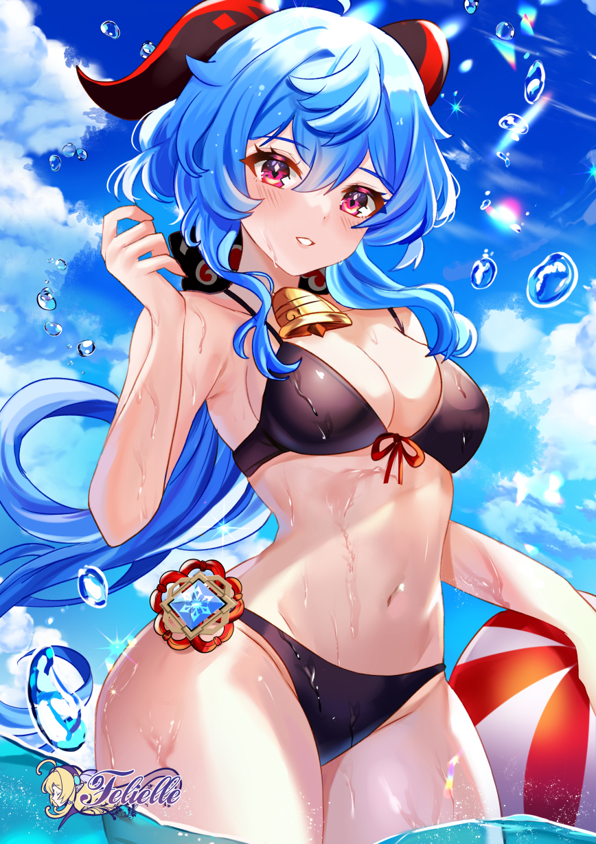 1girl alternate_costume ball beachball bell bikini black_bikini black_horns blue_hair blush breasts commentary cowbell cowboy day english_commentary felielle floating_hair ganyu_(genshin_impact) genshin_impact goat_horns groin hand_up highres horns large_breasts long_hair looking_at_viewer multicolored_horns neck_bell outdoors parted_lips red_eyes red_horns signature smile solo swimsuit vision_(genshin_impact) wading water_drop western wet