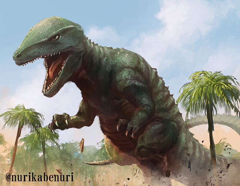 crossover debris destroy_all_monsters dinosaur dirt dust forest godzilla_(series) gorosaurus kaiju king_kong_(series) king_kong_escapes nature no_humans nurikabe_(mictlan-tecuhtli) open_mouth palm_tree rankin/bass_animated_entertainment rock sharp_teeth tail teeth toho tree