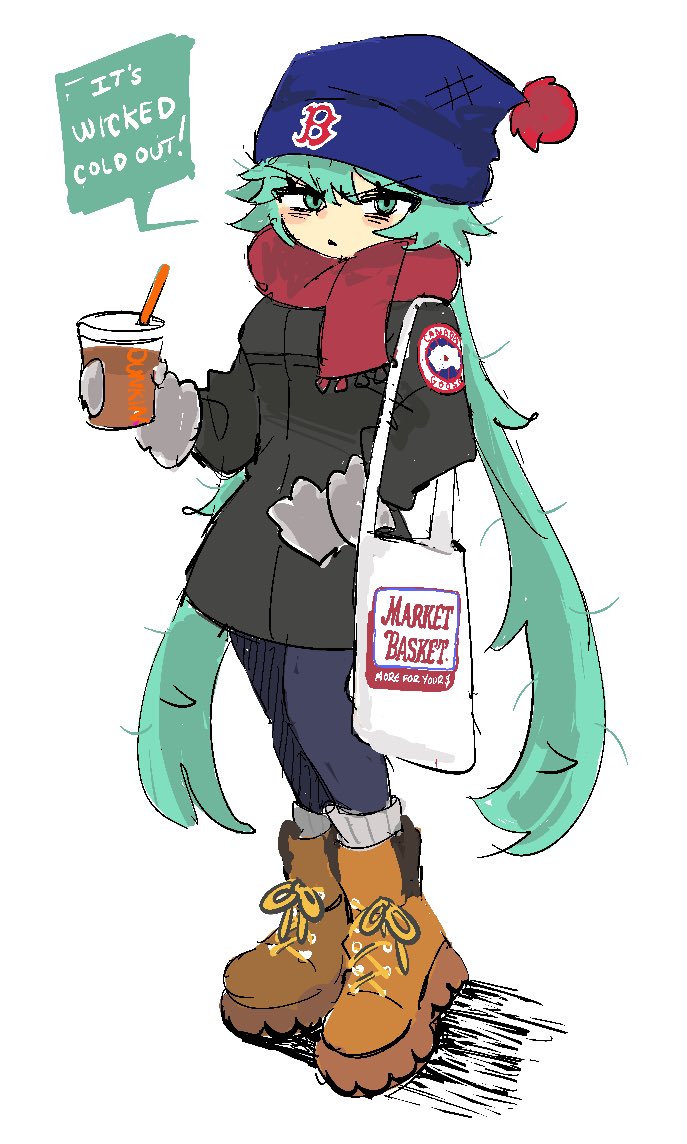 1girl aqua_hair bag beanie black_coat blue_hat blue_leggings boots boston_red_sox brown_footwear canada_goose_(brand) coat coffee commentary cup disposable_cup dunkin&#039;_donuts english_commentary english_text full_body grey_mittens hat hatsune_miku holding holding_cup iced_coffee leggings logo long_sleeves looking_at_viewer market_basket massachusetts mittens pom_pom_(clothes) pom_pom_beanie red_scarf scarf shoelaces shoulder_bag simple_background speech_bubble standing tote_bag vocaloid white_background wishpetal worldwide_miku