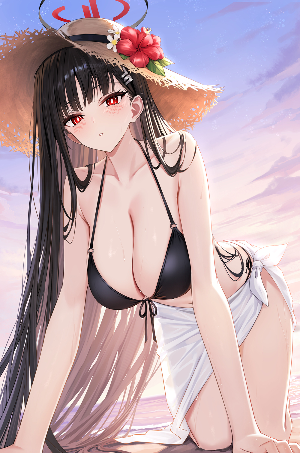 1girl all_fours alternate_costume beach bikini black_bikini black_hair blue_archive blush breasts brown_hat cleavage collarbone commentary_request day flower hair_ornament hairpin hat hat_flower highres large_breasts long_hair looking_at_viewer o-ring o-ring_bikini o-ring_top ocean outdoors red_eyes red_flower rio_(blue_archive) rong_yi_tan sarong solo straw_hat swimsuit thighs very_long_hair wet white_sarong