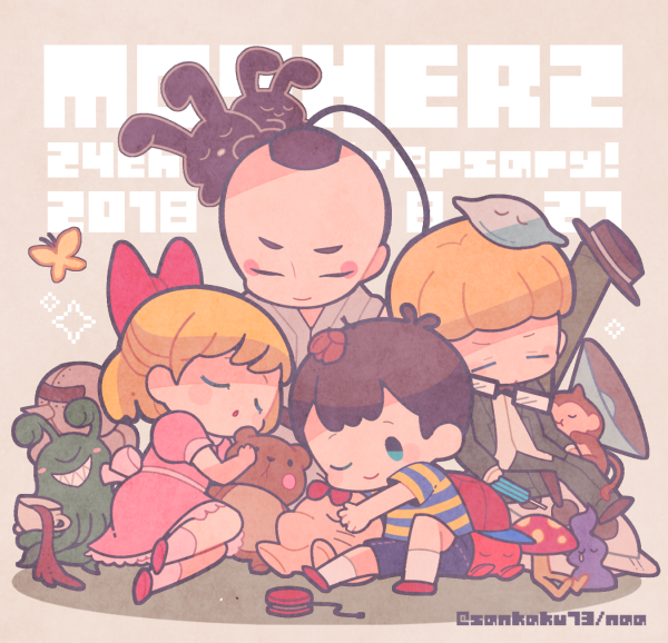 1girl 3boys 73_(naa) anniversary black_hair blonde_hair blue_shorts bow bubble_monkey bug butterfly buzz_buzz closed_eyes closed_mouth coffee copyright_name dated doseisan dress glasses green_jacket green_pants insect jacket jeff_andonuts mother_(series) mother_2 multiple_boys ness_(mother_2) nintendo one_eye_closed pants paula_(mother_2) pink_dress poo_(mother_2) ramblin&#039;_evil_mushroom red_bow red_footwear shirt shorts sitting smile socks striped_clothes striped_shirt stuffed_animal stuffed_toy teddy_bear white_socks