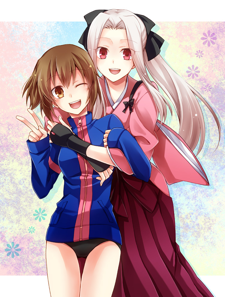 2girls :d ;d bad_id bad_pixiv_id blush brown_eyes brown_hair fate/zero fate_(series) fujimura_taiga hug hug_from_behind instructor_iri irisviel_von_einzbern jacket japanese_clothes kubyou_azami long_hair looking_at_viewer multiple_girls official_alternate_costume one_eye_closed open_mouth red_eyes silver_hair smile student_no._0 track_jacket v wink zipper