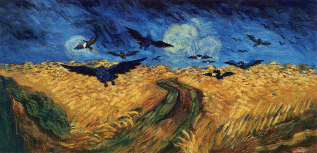 animal_focus bird corviknight corvisquire evolutionary_line flying gen_2_pokemon gen_4_pokemon gen_8_pokemon honchkrow kimura_naoyo murkrow night night_sky nintendo no_humans official_art outdoors pokemon pokemon_(creature) pokemon_focus sky third-party_source vincent_van_gogh_(style) wheat_field