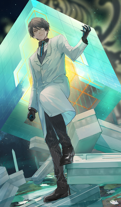 1boy arm_at_side black_boots black_gloves black_hair black_necktie black_pants blue_necktie boots brown_eyes buttons closed_lab_coat closed_mouth coat collared_shirt commentary cube dutch_angle expressionless fate/extra fate/grand_order fate_(series) foot_up from_below fuyuomi glasses gloves grey_vest hair_between_eyes hand_up lab_coat lapels looking_at_viewer looking_down male_focus necktie notched_lapels official_art opaque_glasses pants partially_opaque_glasses pinstripe_pants pinstripe_pattern pinstripe_shirt rectangular_eyewear ruins saver_(fate/extra) shirt short_hair silhouette solo standing striped_clothes third-party_source twice_h_pieceman vertical-striped_clothes vertical-striped_necktie vest white_coat white_shirt wing_collar