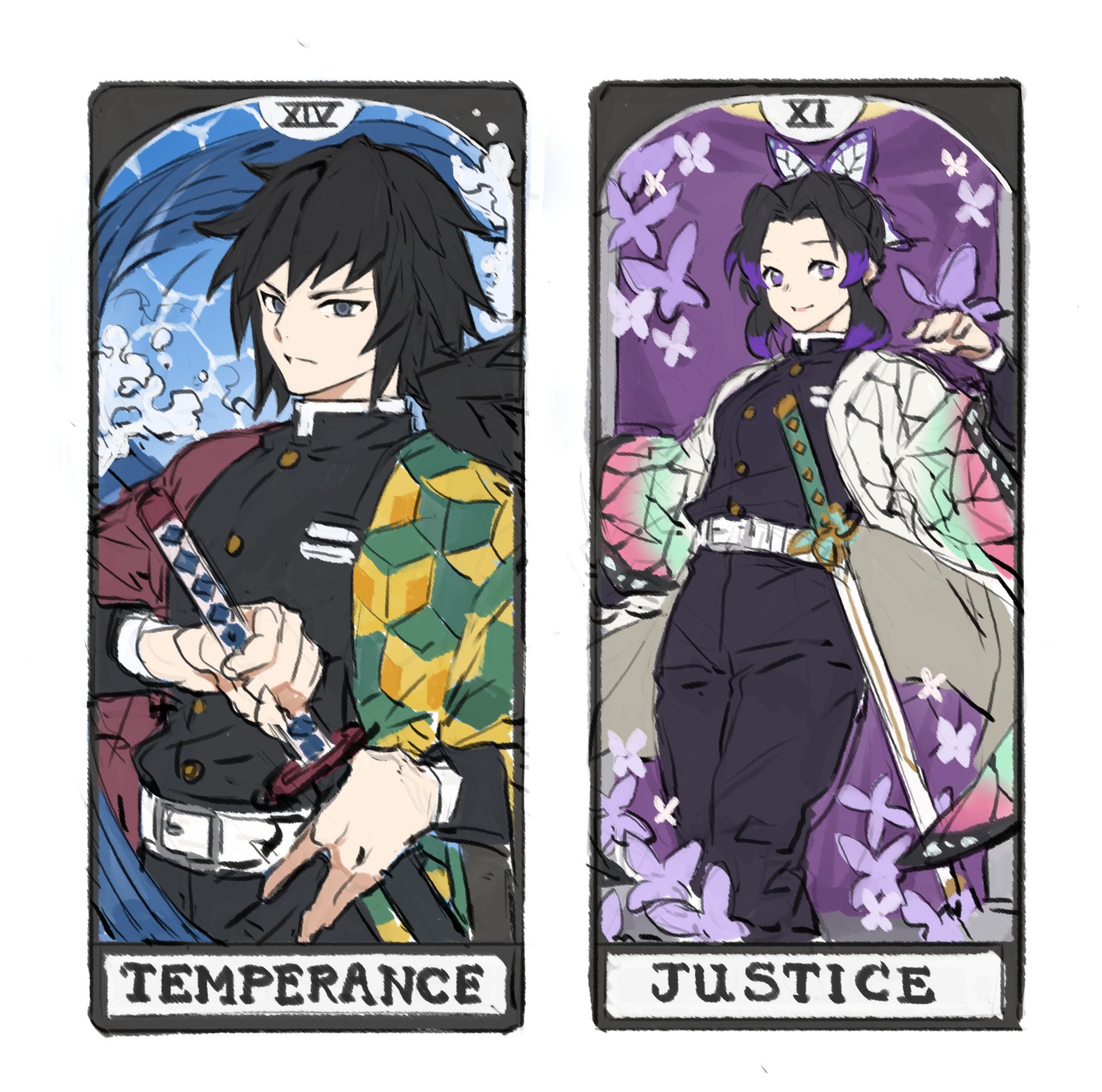 1boy 1girl belt black_hair bug butterfly butterfly_hair_ornament card_(medium) hair_ornament highres holding holding_sword holding_weapon insect japanese_clothes justice_(tarot) kimetsu_no_yaiba kochou_shinobu long_hair long_sleeves multicolored_hair papajay_(jennygin2) ponytail purple_eyes purple_hair sheath sheathed sword tarot tarot_(medium) temperance_(tarot) tomioka_giyuu water weapon white_belt