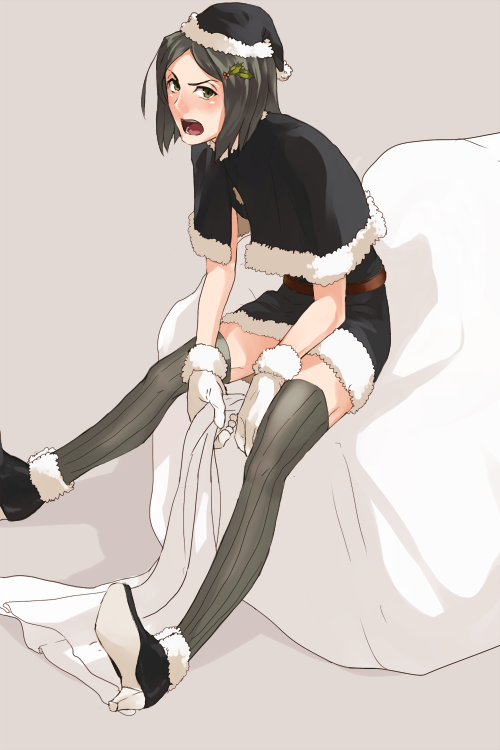 01rosso 1boy bad_id bad_pixiv_id bag black_eyes black_hair blush capelet christmas crossdressing crossdressing_(mtf) fate/stay_night fate/zero fate_(series) hat holly male_focus parted_bangs santa_costume santa_hat short_hair sitting solo striped_clothes striped_thighhighs thighhighs vertical-striped_clothes vertical-striped_thighhighs waver_velvet