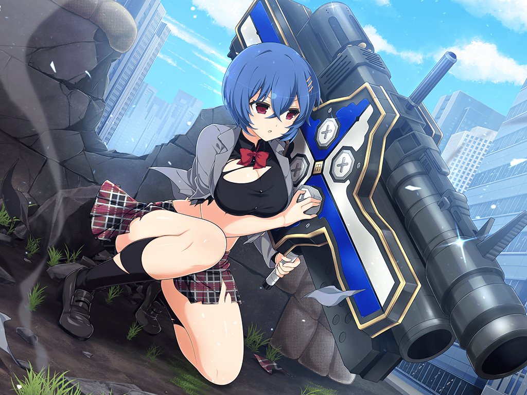 1girl amagi_sealing_congregation_school_uniform amane_(senran_kagura) ankle_socks behind_cover black_shirt blue_hair bow breasts cityscape cleavage cloud cloudy_sky day hair_ornament hairpin holding holding_weapon large_breasts loafers multiple_hairpins official_art pleated_skirt red_bow red_eyes rocket_launcher rubble school_uniform senran_kagura senran_kagura_new_link shirt shoes short_hair skirt sky socks torn_clothes weapon