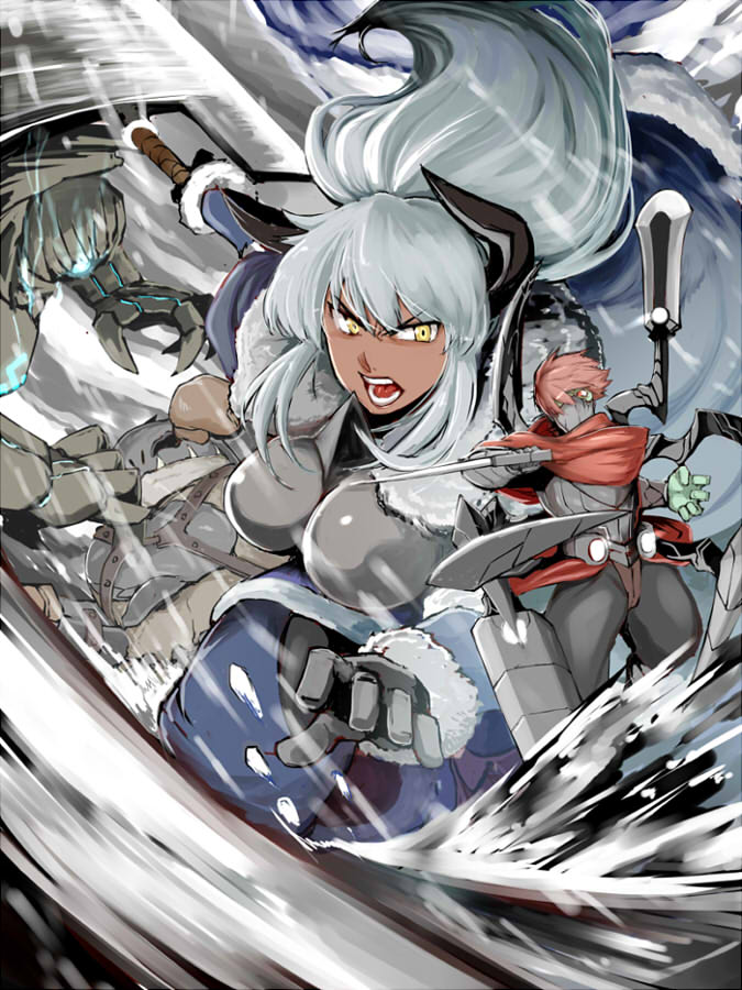 1boy 2girls :o armor axe black_horns blue_cape blue_eyes breasts brown_hair cape colored_skin commentary_request dark-skinned_female dark_skin fighting_stance fur-trimmed_sleeves fur_trim gauntlets giant giantess green_skin grey_hair holding holding_axe holding_sword holding_weapon horns keshin large_breasts mecha motion_blur multiple_boys multiple_girls pixiv_fantasia pixiv_fantasia_last_saga putoma robot shouting solena_the_zombie_(pixiv_fantasia_last_saga) sword ulferica_(pixiv_fantasia_last_saga) vigna_vivironina weapon yellow_eyes