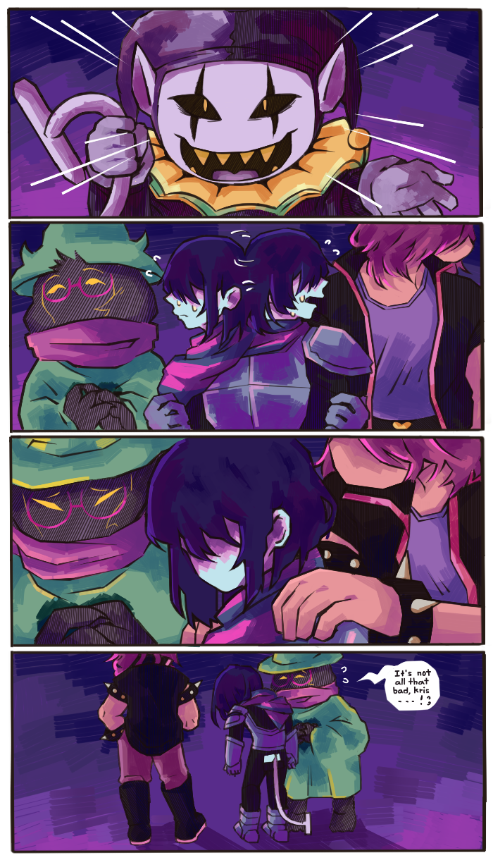 1girl 1other 2boys 4koma black_sclera blue_hair blue_skin bracelet colored_sclera colored_skin comic deltarune demon_tail english_text fake_tail glasses hand_on_another&#039;s_shoulder hat highres jester_cap jevil jewelry kris_(dark_world)_(deltarune) kris_(deltarune) mamaito monster_boy monster_girl multiple_boys purple_hair ralsei ralsei_(hat) scarf sharp_teeth spiked_bracelet spikes susie_(dark_world)_(deltarune) susie_(deltarune) sweatdrop tail teeth utdr_(toby_fox) yellow_eyes