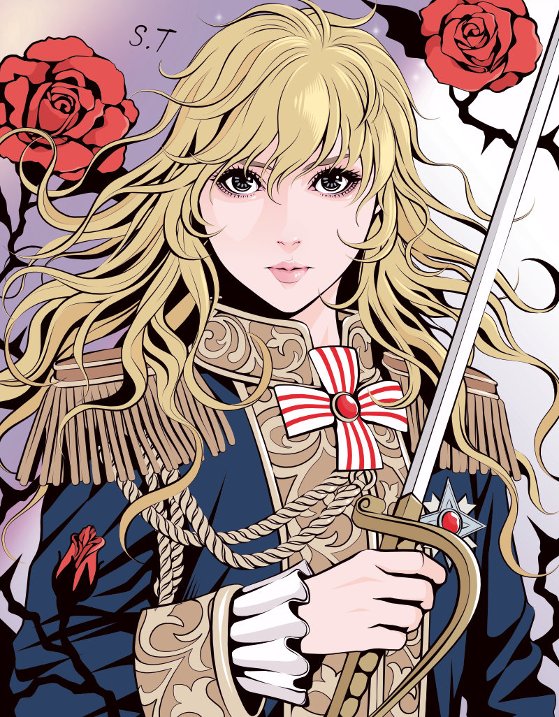 1girl blonde_hair blue_jacket commentary_request epaulettes flower grey_eyes holding holding_sword holding_weapon jacket long_hair oscar_francois_de_jarjayes pink_lips red_flower red_rose rose signature solo sword takanashi_shin versailles_no_bara wavy_hair weapon