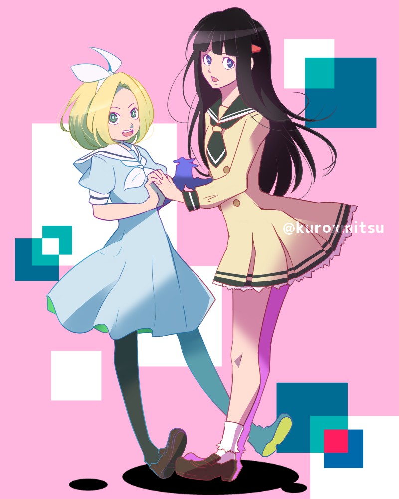 2girls alternate_costume black_hair blonde_hair blue_dress brown_dress brown_shoes classicaloid dress full_body hair_ornament hairband hairclip holding_hands kuroxmitsu_kinako long_hair long_sleeves looking_at_viewer multiple_girls open_mouth pink_background pyotr_illyich_tchaikovsky_(classicaloid) shoes short_hair socks teeth tekla_badarzewska-baranowska_(classicaloid) upper_teeth_only white_hairband white_socks