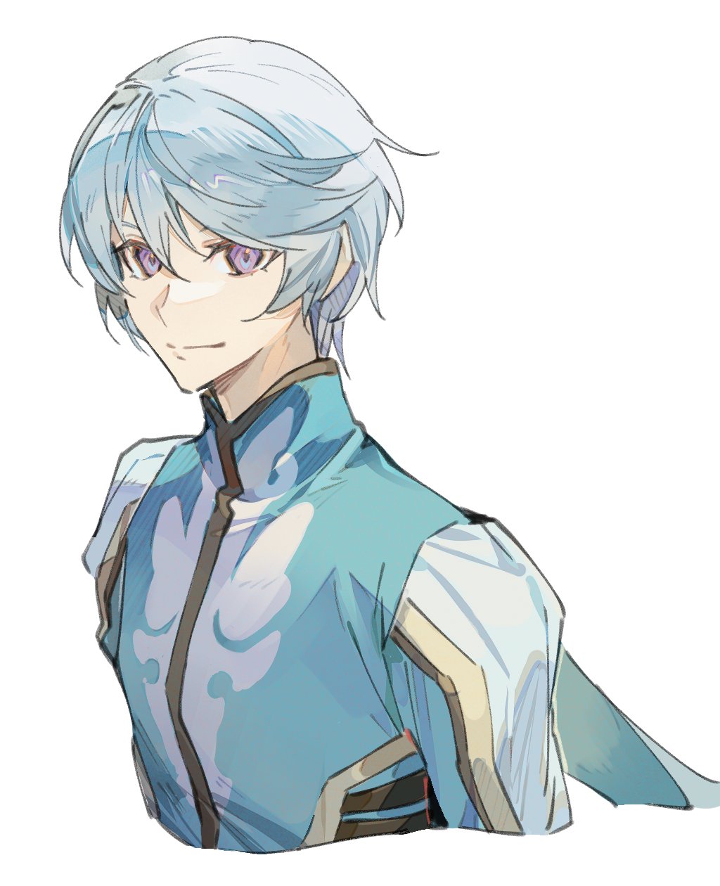 1boy bishounen hair_between_eyes highres jacket looking_at_viewer male_focus mikleo_(tales) purple_eyes simple_background smile solo swept_bangs tales_of_(series) tales_of_zestiria upper_body white_background white_hair xing_20