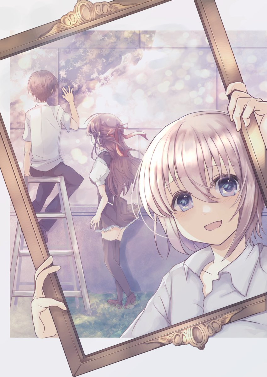 1girl 2boys back eina_(ao0708) formal_clothes highres kusanagi_naoya misakura_rin multiple_boys natsume_kei_(sakura_no_uta) picture_frame pink_hair red_hair red_ribbon ribbon sakura_no_uta school_uniform shirt smile suit white_hair