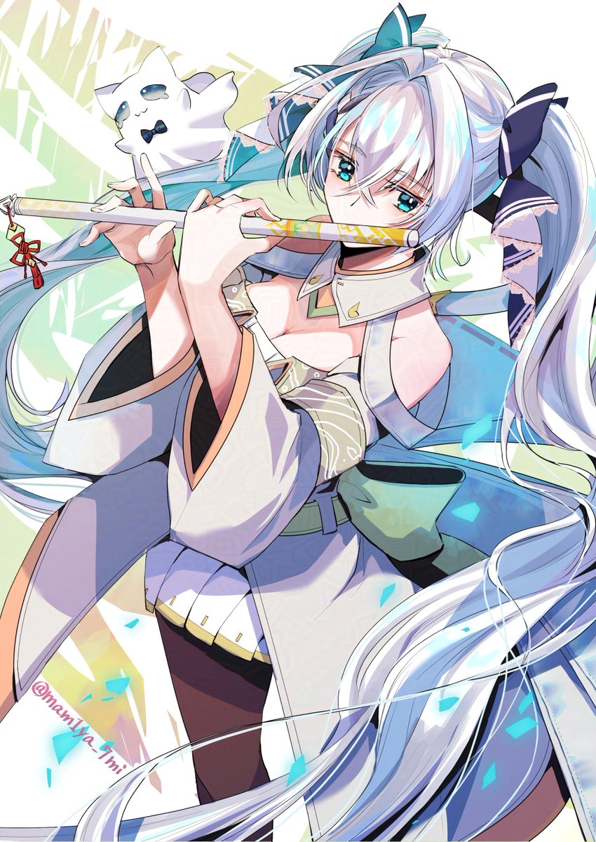 1girl aqua_eyes black_pantyhose breasts cleavage commentary_request commission cosplay double-parted_bangs flute ghost grey_hair hair_between_eyes hair_intakes highres holding holding_flute holding_instrument instrument jacket long_hair mio_(xenoblade) mio_(xenoblade)_(cosplay) nanami_shingu open_clothes open_jacket pantyhose skeb_commission skirt solo spectra_libitina tassel twintails twitter_username v&amp;u_entertainment virtual_youtuber white_jacket white_skirt xenoblade_chronicles_(series) xenoblade_chronicles_3