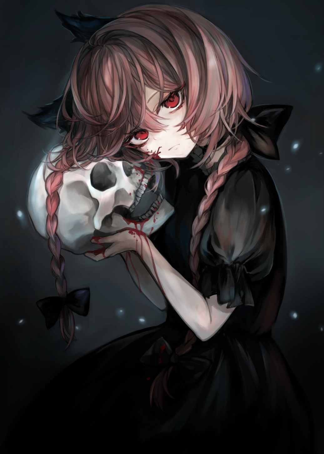 1girl animal_ears black_dress black_ribbon blood blood_on_face blood_on_hands cat_ears cat_girl closed_mouth commentary_request cowboy_shot dress hair_ribbon hasunokaeru head_tilt highres holding holding_skull kaenbyou_rin looking_at_viewer puffy_short_sleeves puffy_sleeves red_eyes red_hair ribbon short_sleeves skull solo touhou twintails