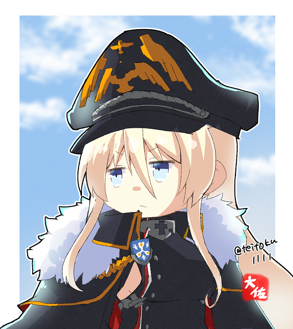 1girl azur_lane bismarck_zwei_(azur_lane) black_cape blonde_hair blue_eyes blue_sky cape cloud cloudy_sky commentary_request cross fur-trimmed_cape fur_trim hair_between_eyes hat iron_cross long_hair looking_away outdoors peaked_cap retrofit_(azur_lane) sidelocks signature sky sleeveless solo taisa_(kari) twitter_username