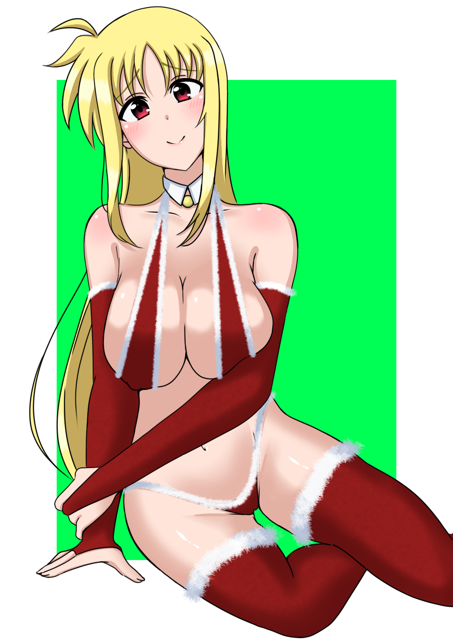 1girl blonde_hair blush breasts christmas cleavage closed_mouth covered_erect_nipples fate_testarossa highres kunisaki-air large_breasts long_hair looking_at_viewer lyrical_nanoha mahou_shoujo_lyrical_nanoha_strikers navel red_eyes red_thighhighs smile solo thighhighs