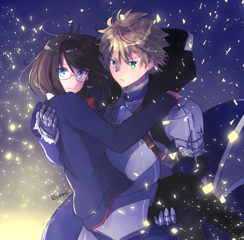 1boy 1girl armor arthur_pendragon_(fate) black_hair blonde_hair blue_eyes blue_jacket carrying commentary_request fate/prototype fate/strange_fake fate_(series) gauntlets glasses green_eyes grey_skirt hood hood_down hoshiyume_yashiro jacket looking_at_viewer princess_carry sajou_ayaka_(fate/prototype) short_hair skirt twitter_username