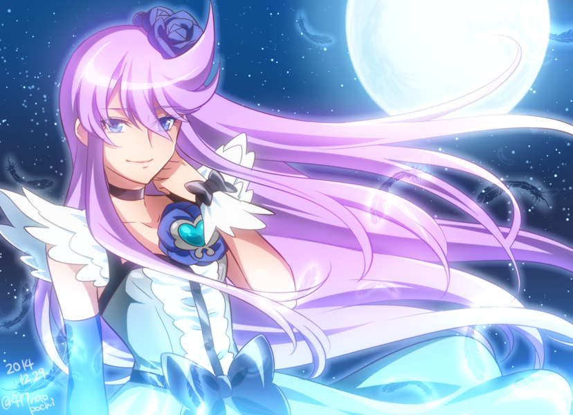 0417nao 10s 1girl 2014 blue_eyes blue_flower blue_rose bow brooch choker cure_moonlight dated elbow_gloves feathers female_focus flower gloves hair_flower hair_ornament heart heart_brooch heartcatch_precure! jewelry long_hair magical_girl moon night night_sky precure purple_hair rose single_elbow_glove single_glove sky solo tsukikage_yuri very_long_hair waist_bow wrist_cuffs