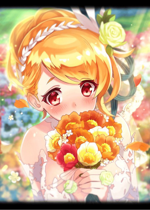 1girl artist_request blonde_hair blush bouquet breasts dress eros_(phantom_of_the_kill) flower hair_bun hair_flower hair_ornament hairband large_breasts official_art petals phantom_of_the_kill red_eyes single_hair_bun strapless strapless_dress wedding_dress